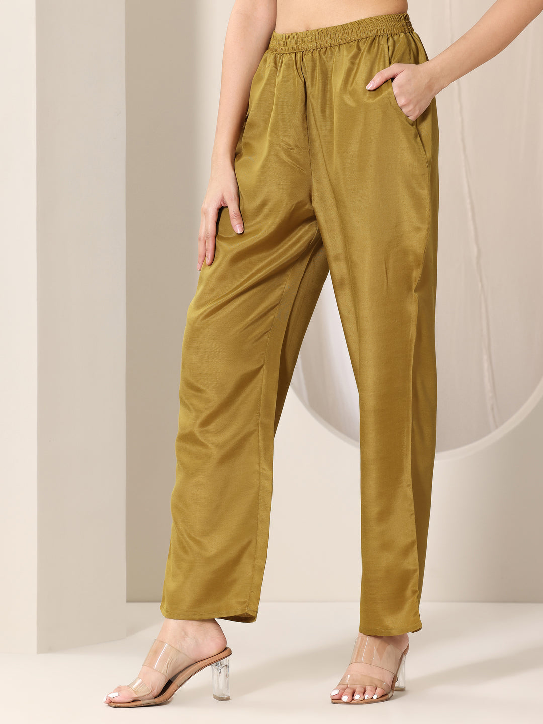 Olive Printed Silk Blend Straight Suit Set With Dupatta