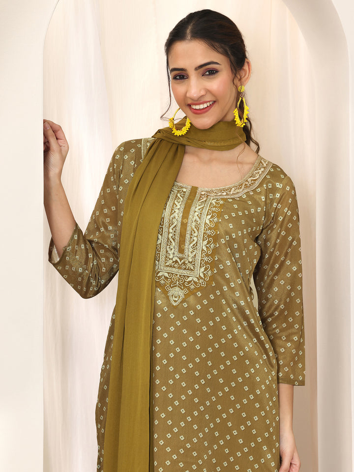 Olive Printed Silk Blend Straight Suit Set With Dupatta