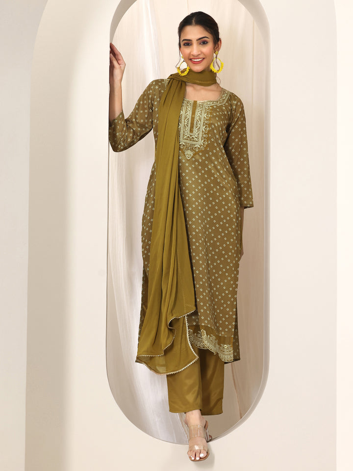 Olive Printed Silk Blend Straight Suit Set With Dupatta