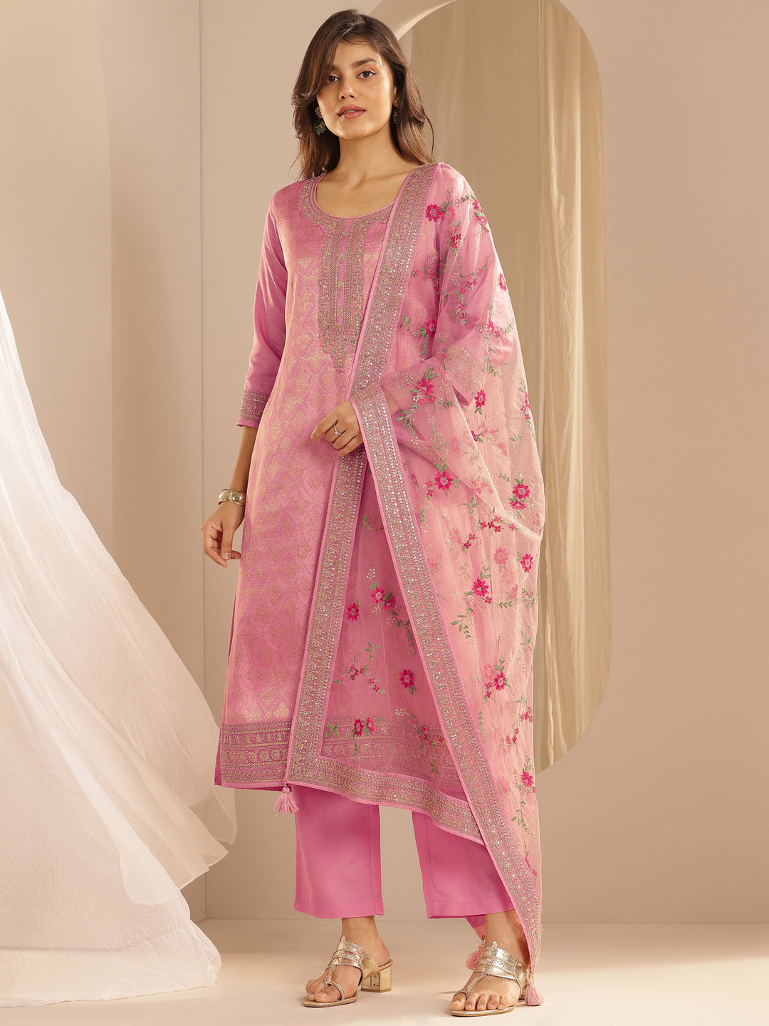Pink Woven Design Silk Blend Straight Suit Set With Dupatta