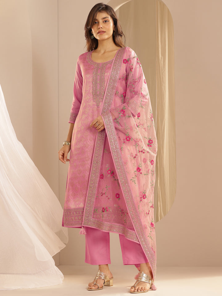 Pink Woven Design Silk Blend Straight Suit Set With Dupatta