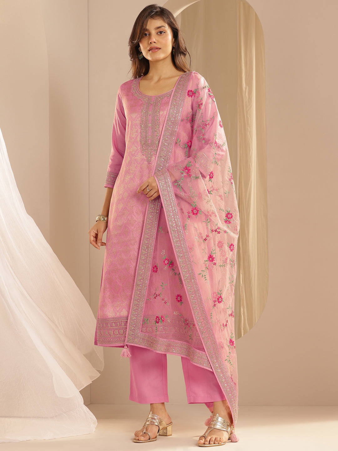 Pink Woven Design Silk Blend Straight Suit Set With Dupatta