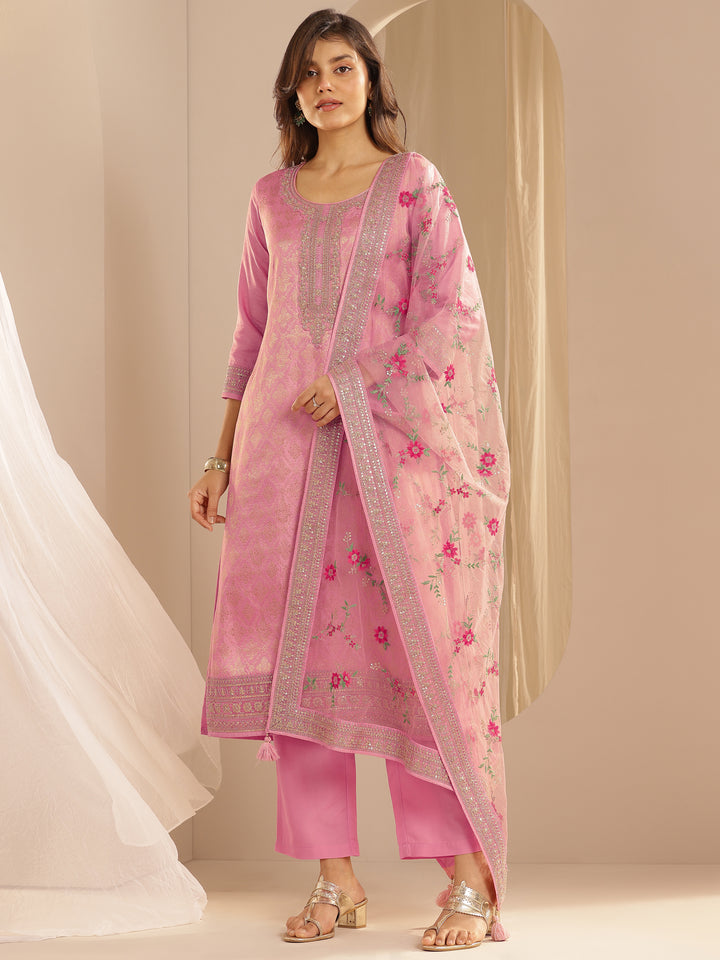 Pink Woven Design Silk Blend Straight Suit Set With Dupatta