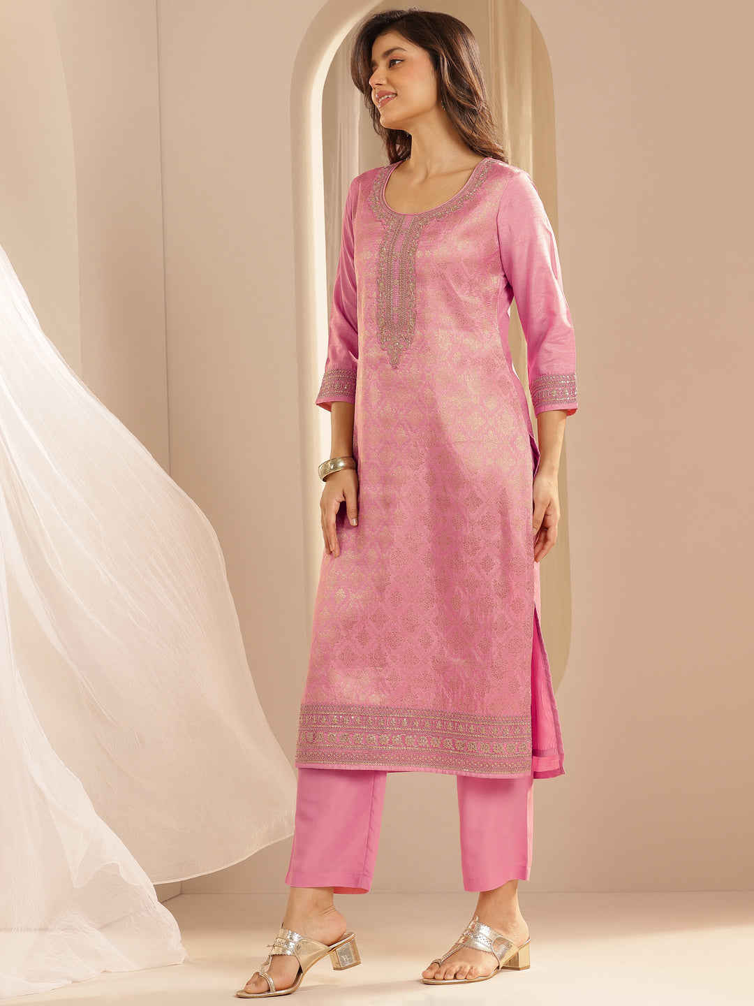 Pink Woven Design Silk Blend Straight Suit Set With Dupatta