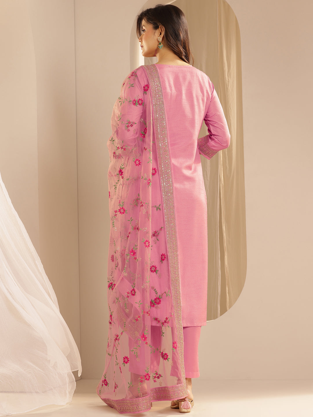 Pink Woven Design Silk Blend Straight Suit Set With Dupatta