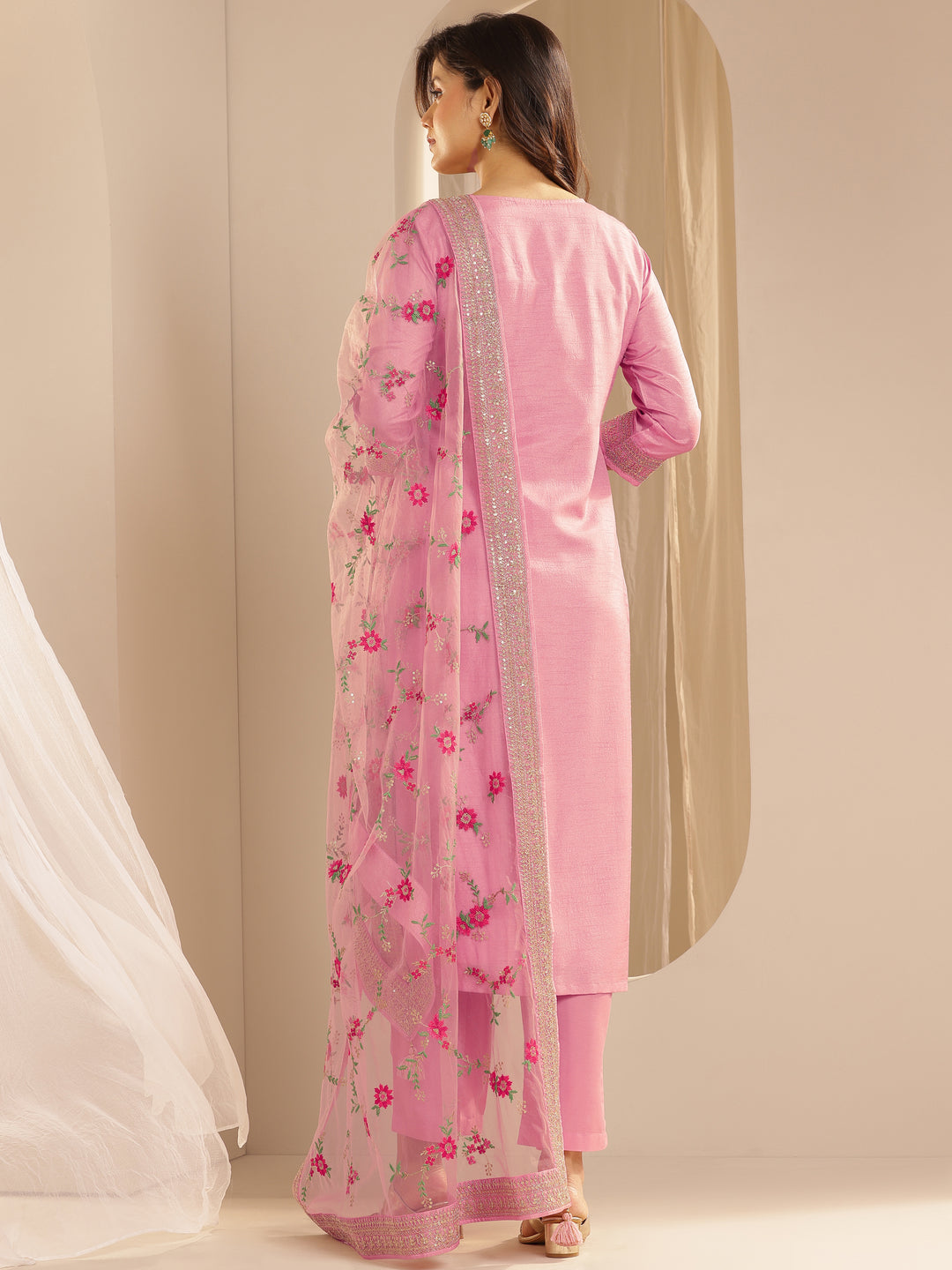 Pink Woven Design Silk Blend Straight Suit Set With Dupatta