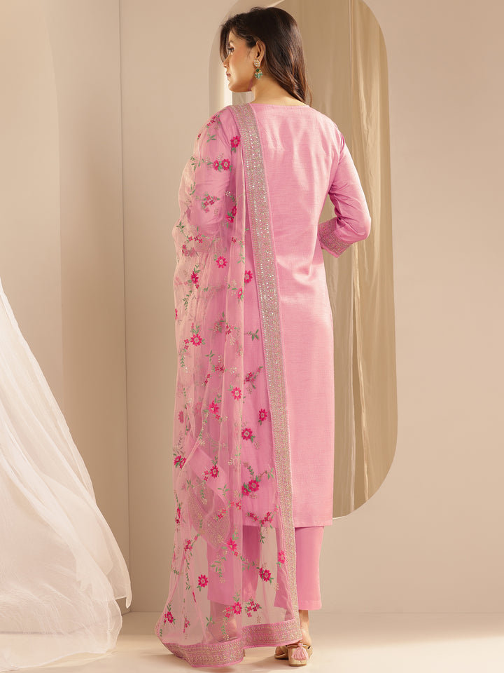 Pink Woven Design Silk Blend Straight Suit Set With Dupatta