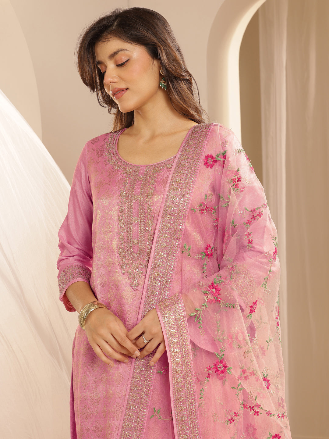 Pink Woven Design Silk Blend Straight Suit Set With Dupatta