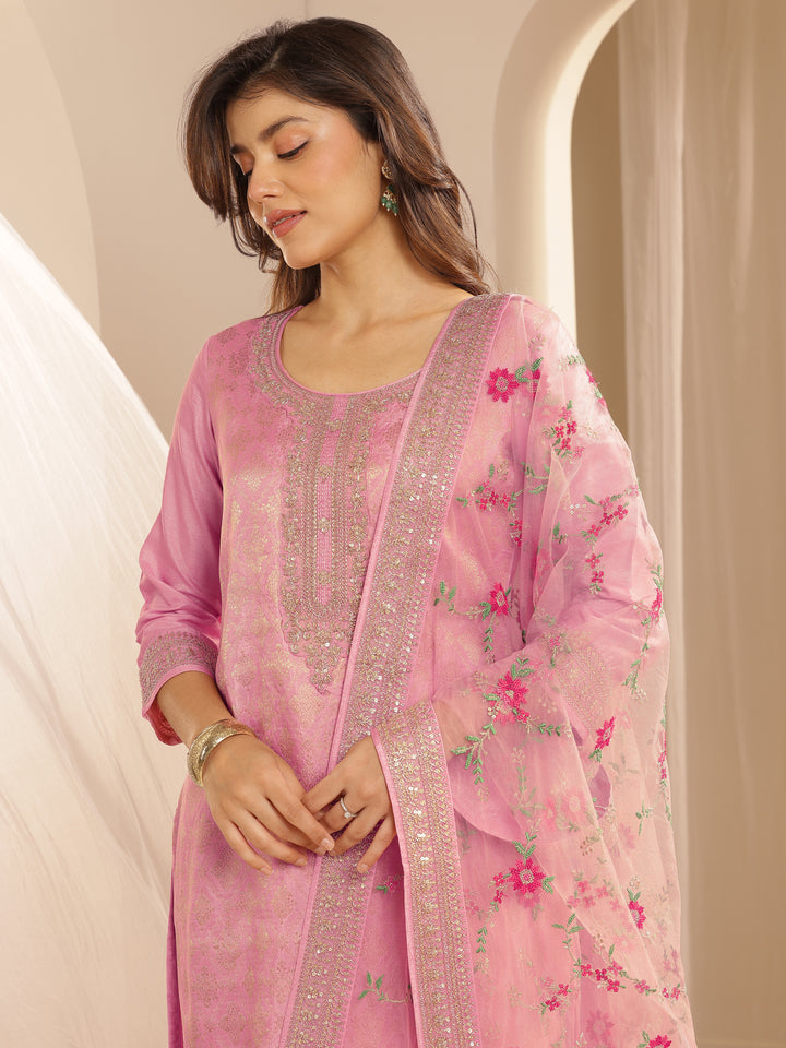 Pink Woven Design Silk Blend Straight Suit Set With Dupatta