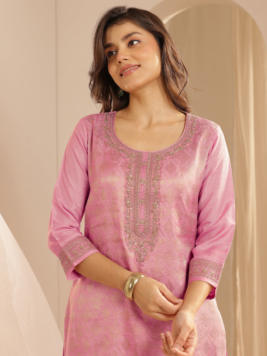 Pink Woven Design Silk Blend Straight Suit Set With Dupatta
