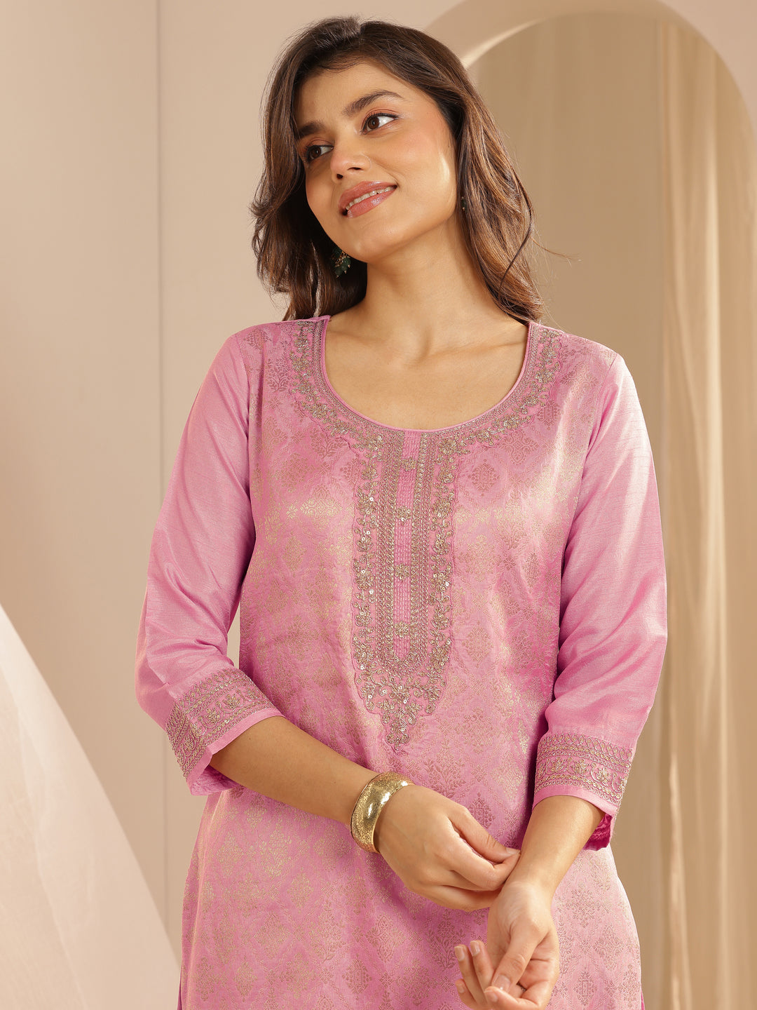 Pink Woven Design Silk Blend Straight Suit Set With Dupatta