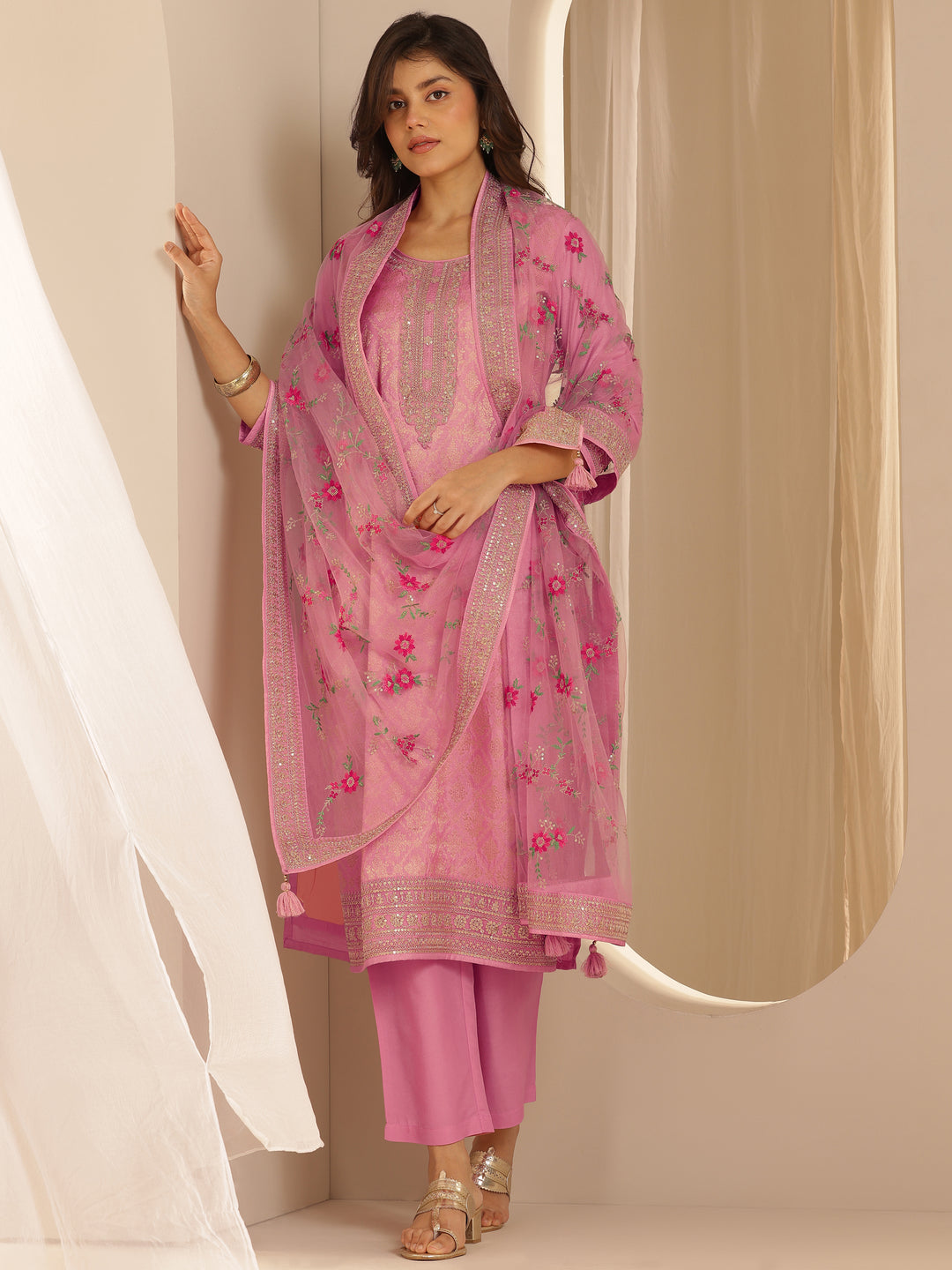 Pink Woven Design Silk Blend Straight Suit Set With Dupatta