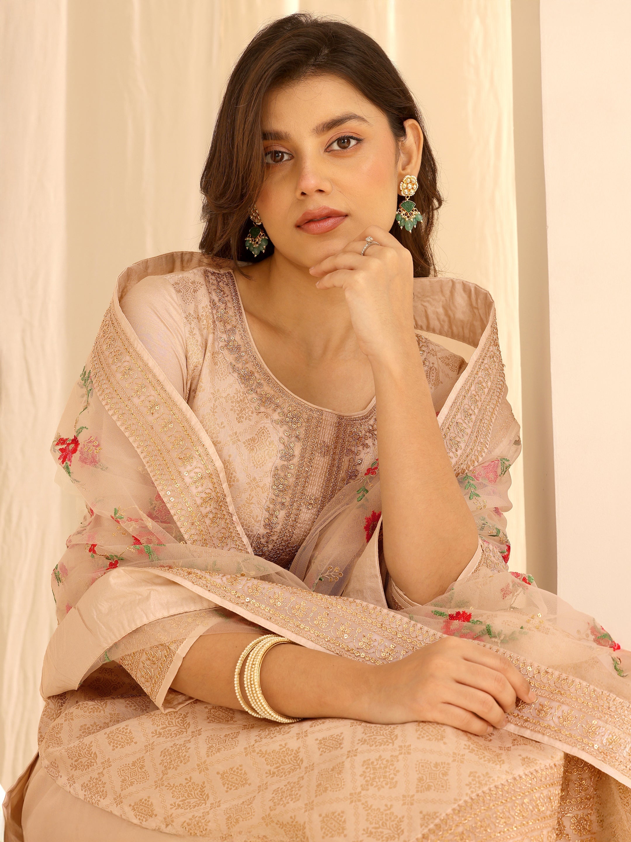 Beige Embroidered Silk blend Straight Suit Set With Dupatta