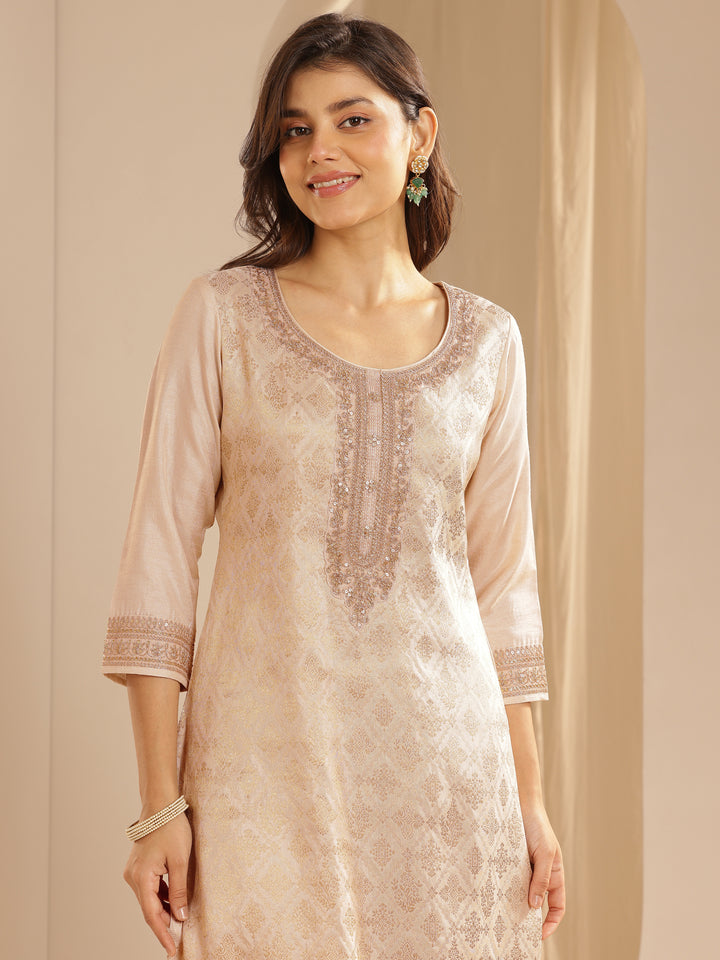 Taupe Woven Design Silk Blend Straight Suit Set With Dupatta