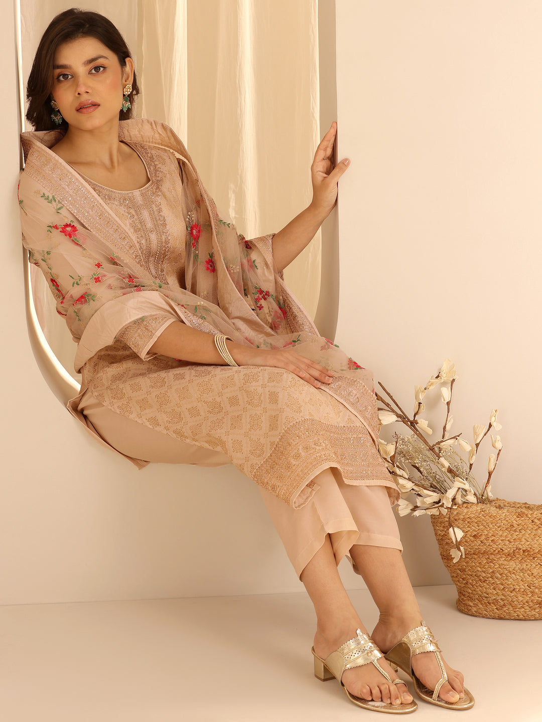 Taupe Woven Design Silk Blend Straight Suit Set With Dupatta
