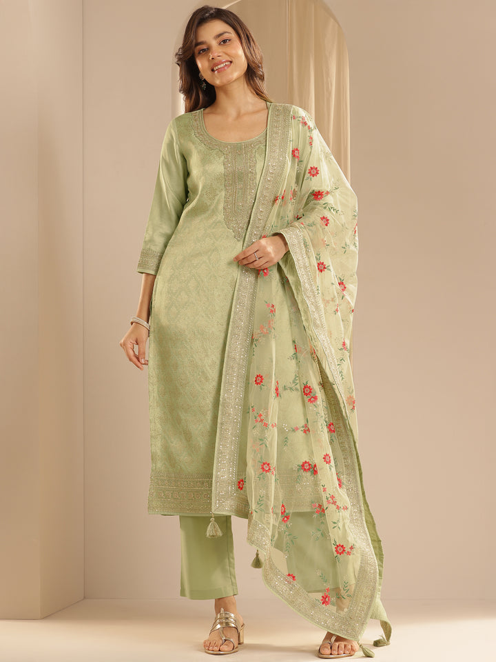 Green Woven Design Silk Blend Straight Suit Set With Dupatta
