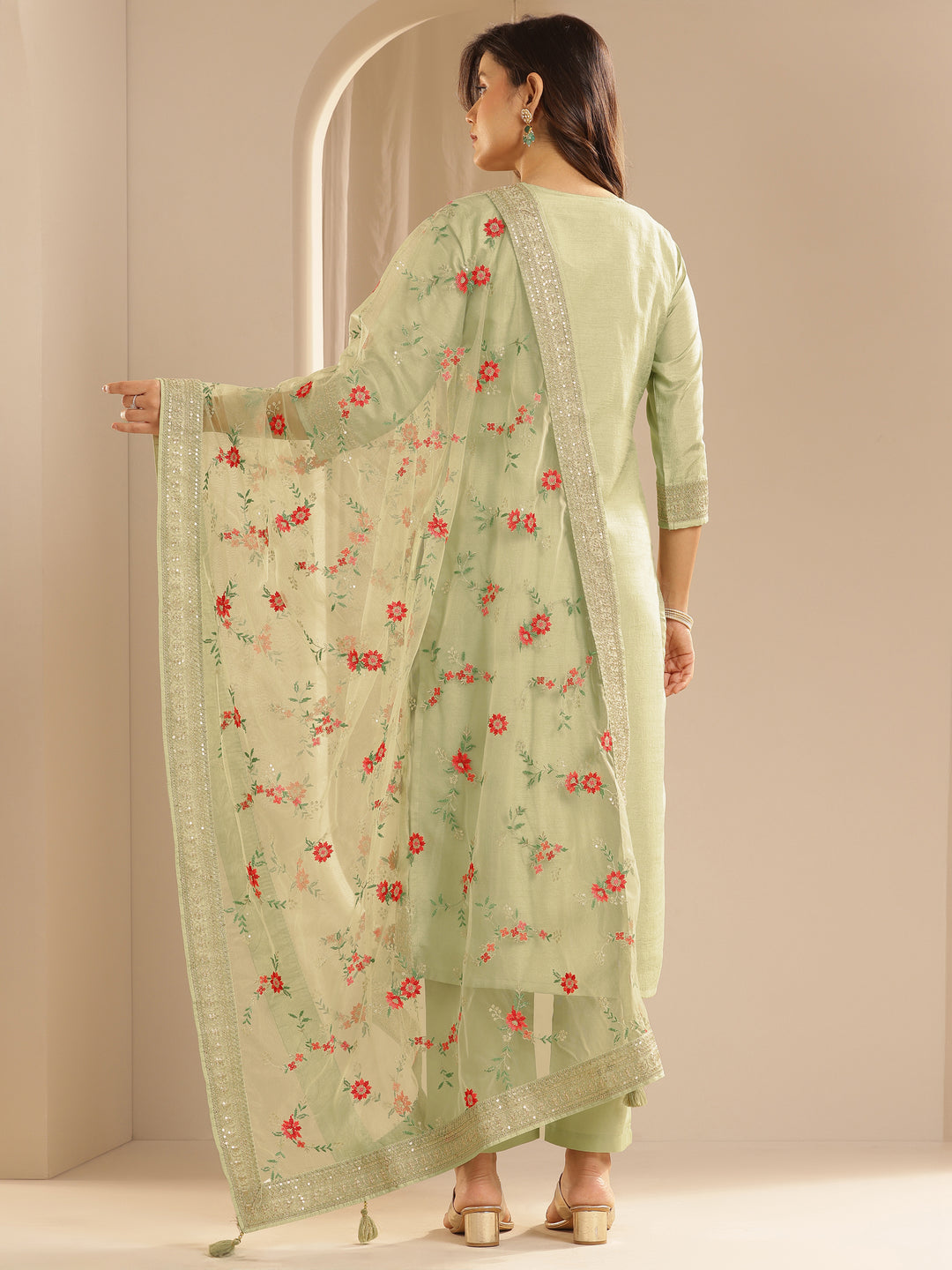Green Woven Design Silk Blend Straight Suit Set With Dupatta