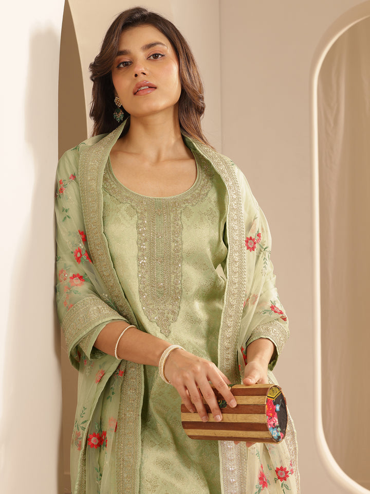 Green Woven Design Silk Blend Straight Suit Set With Dupatta