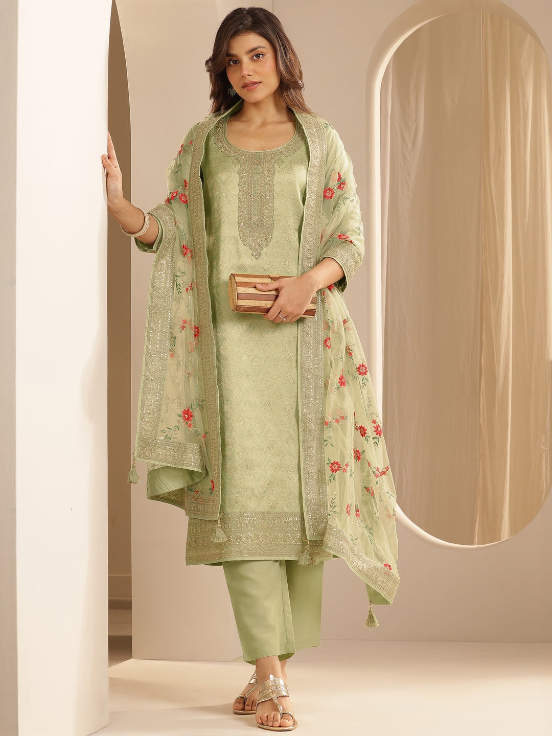 Green Woven Design Silk Blend Straight Suit Set With Dupatta