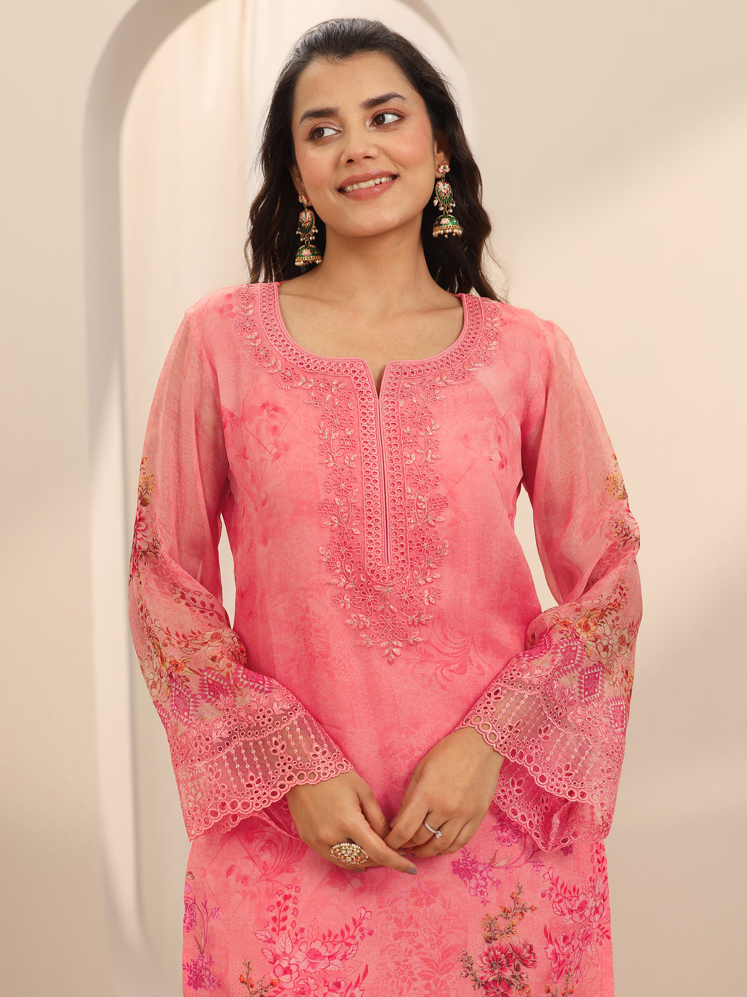 Coral Printed Organza Straight Suit Set With Dupatta