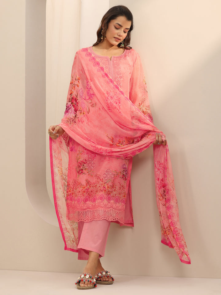 Coral Printed Organza Straight Suit Set With Dupatta