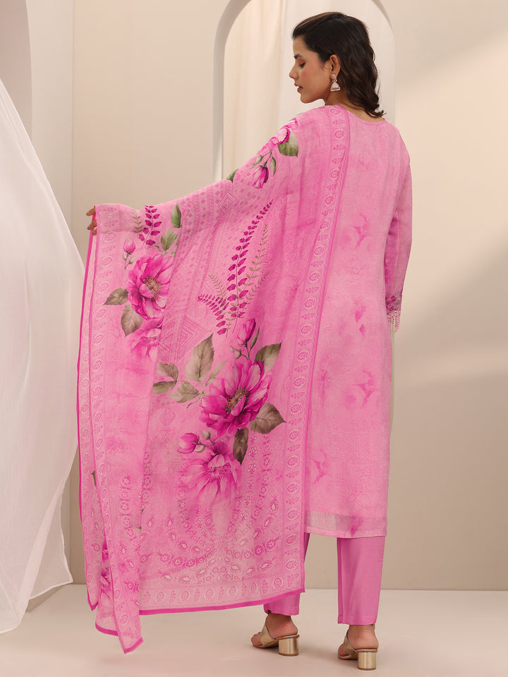 Pink Embroidered Organza Straight Suit Set With Dupatta