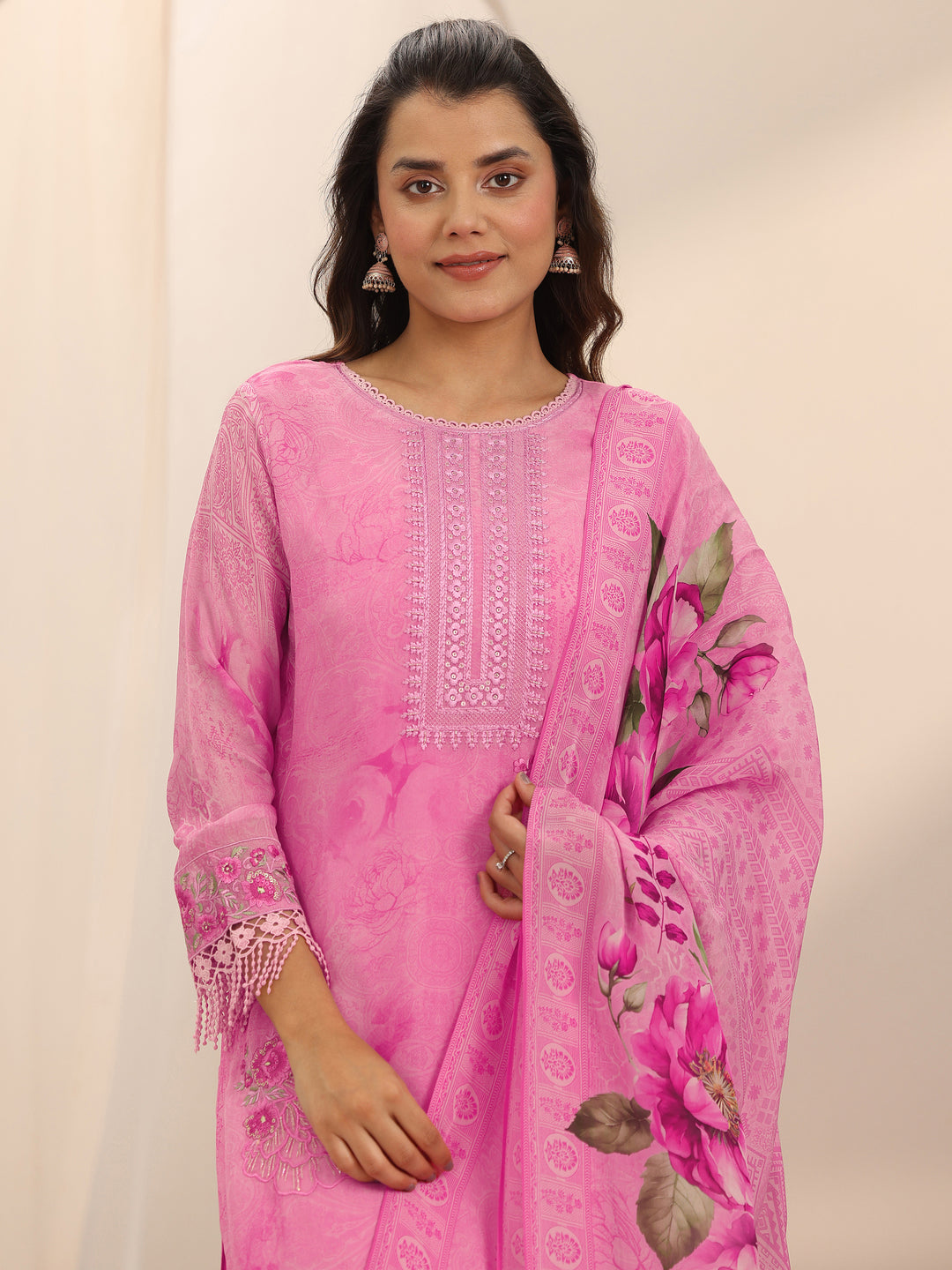 Pink Embroidered Organza Straight Suit Set With Dupatta