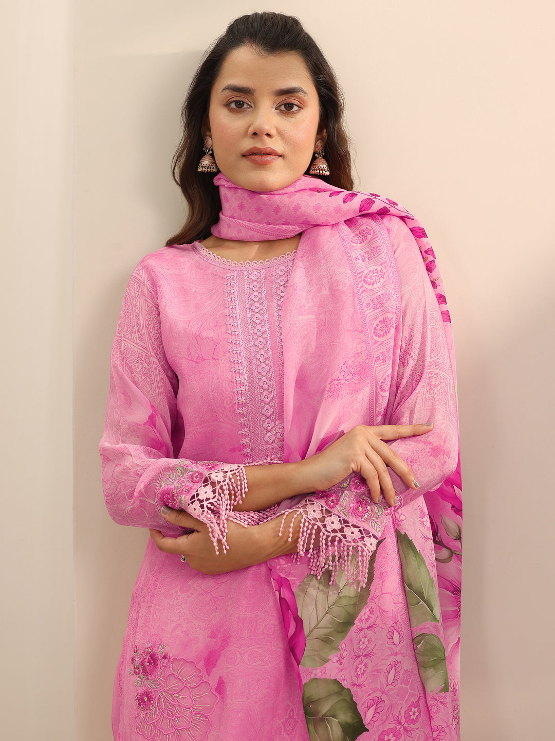 Pink Embroidered Organza Straight Suit Set With Dupatta