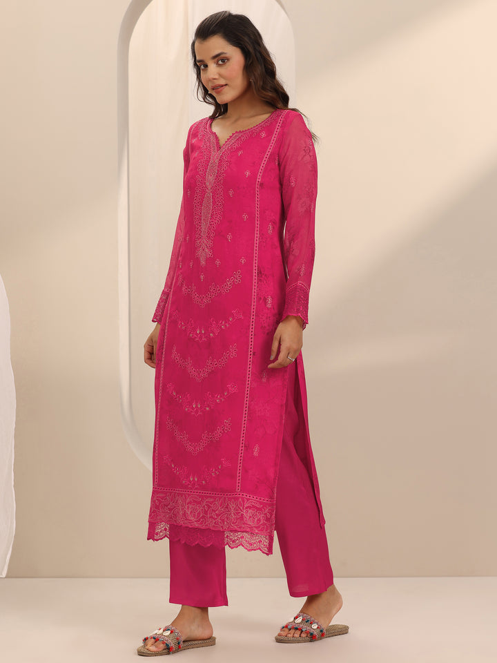 Pink Embroidered Organza Straight Suit Set With Dupatta