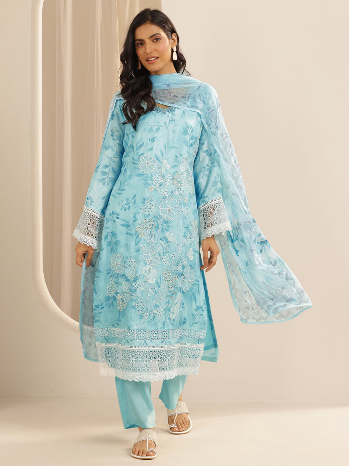 Libas Art Blue Embroidered Muslin Straight Suit Set With Dupatta