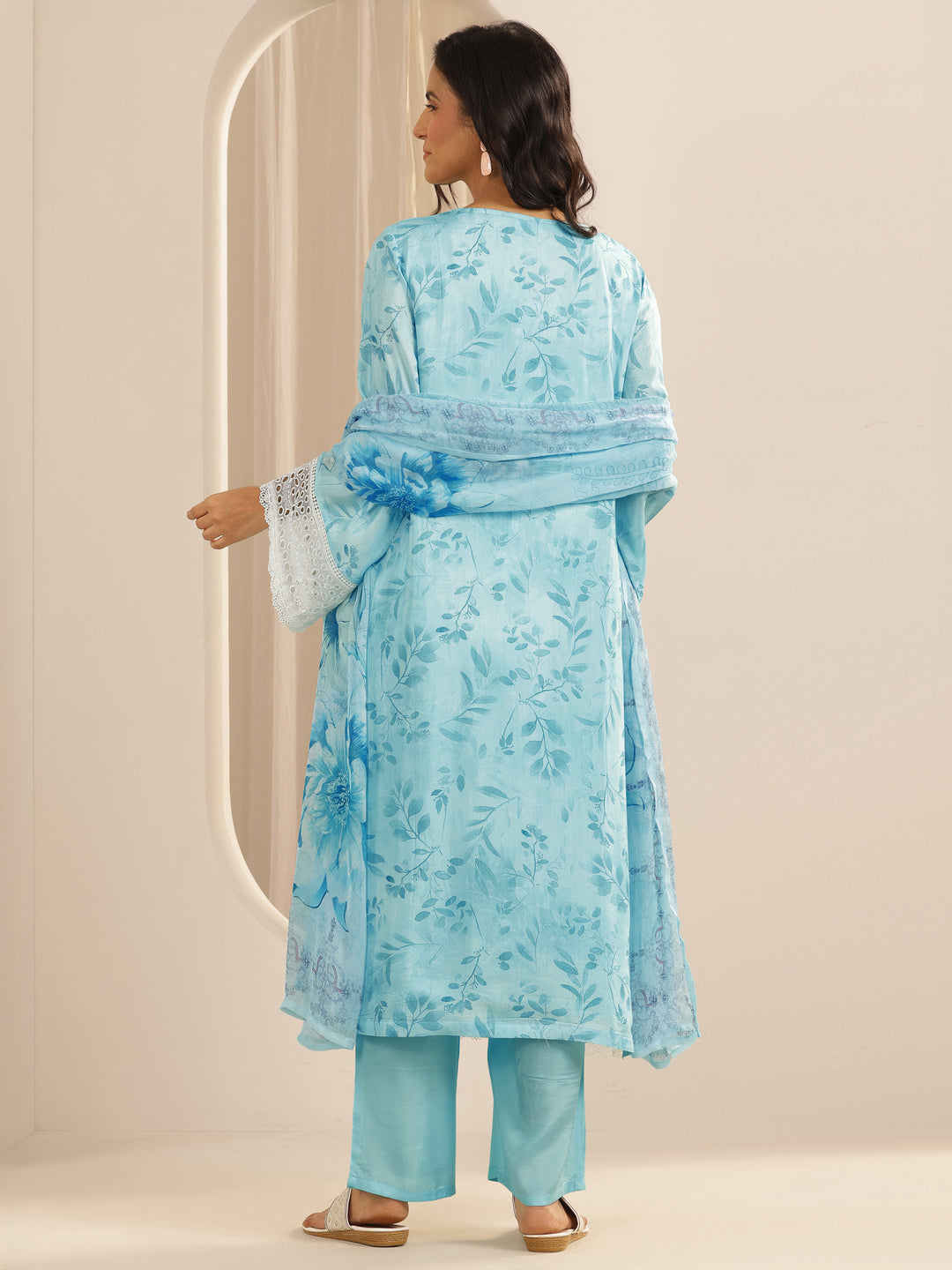 Libas Art Blue Embroidered Muslin Straight Suit Set With Dupatta