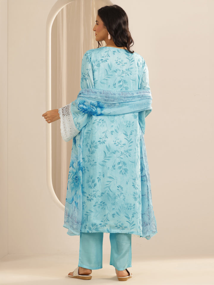 Libas Art Blue Embroidered Muslin Straight Suit Set With Dupatta