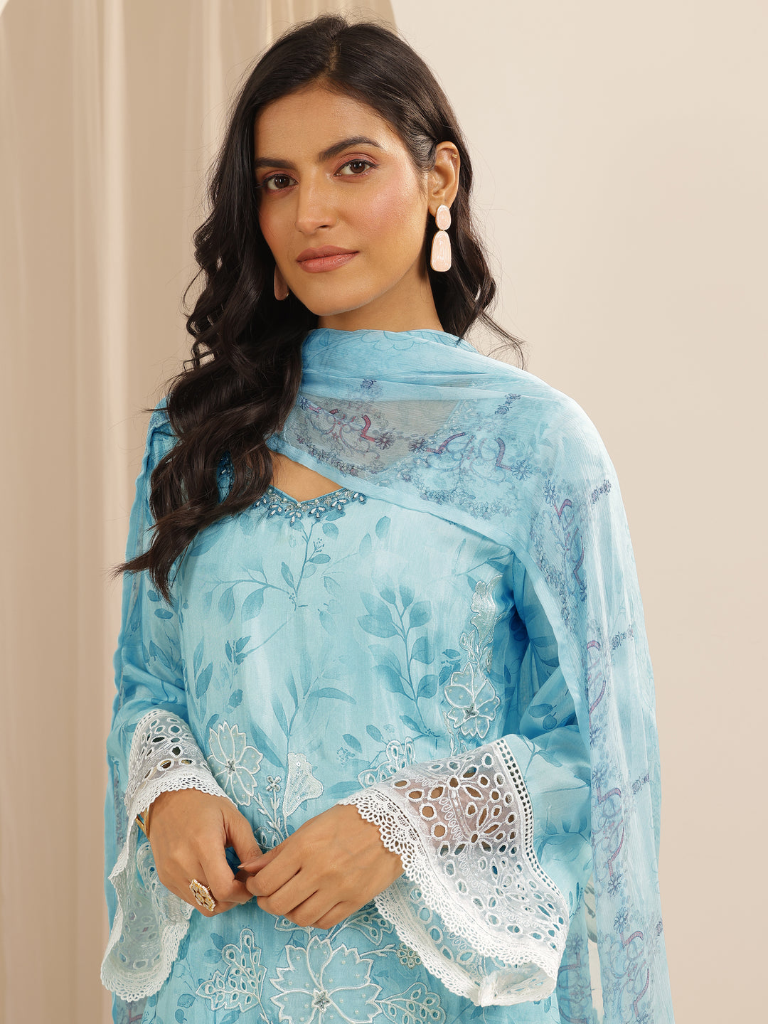 Libas Art Blue Embroidered Muslin Straight Suit Set With Dupatta