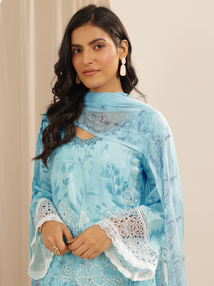 Libas Art Blue Embroidered Muslin Straight Suit Set With Dupatta