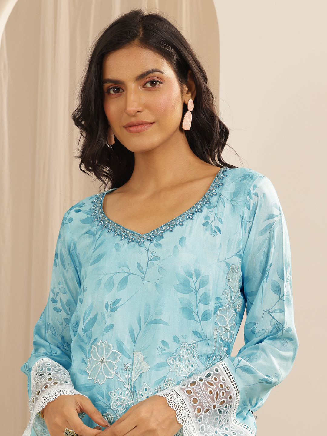 Libas Art Blue Embroidered Muslin Straight Suit Set With Dupatta