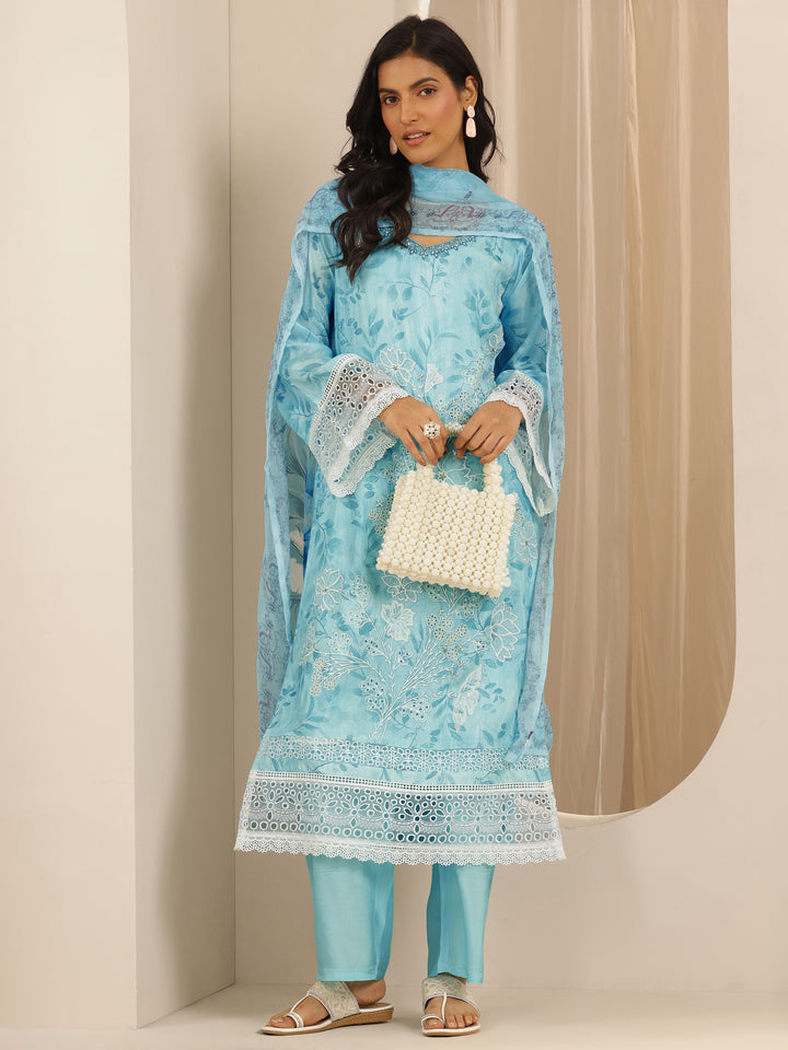 Libas Art Blue Embroidered Muslin Straight Suit Set With Dupatta