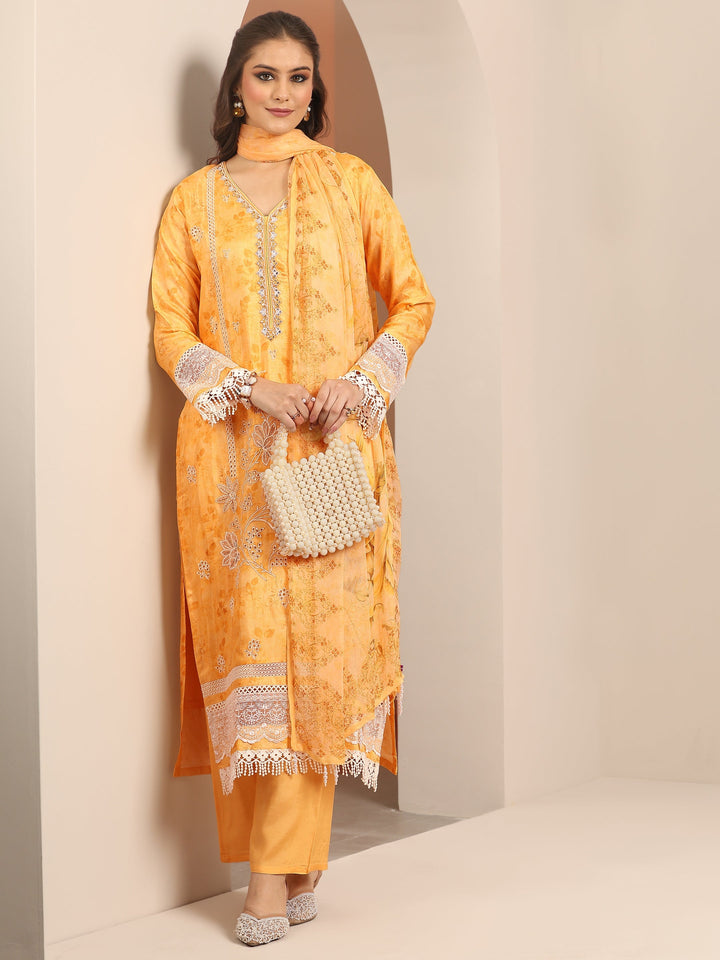 Libas Art Yellow Embroidered Muslin Straight Suit Set With Dupatta