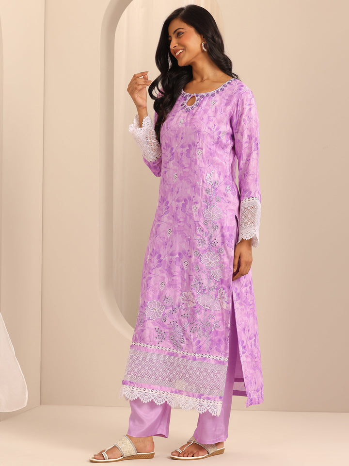 Libas Art Purple Embroidered Muslin Straight Suit Set With Dupatta