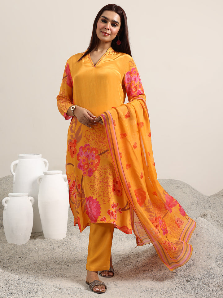 Mustard Printed Silk Blend Straight Suit With Dupatta