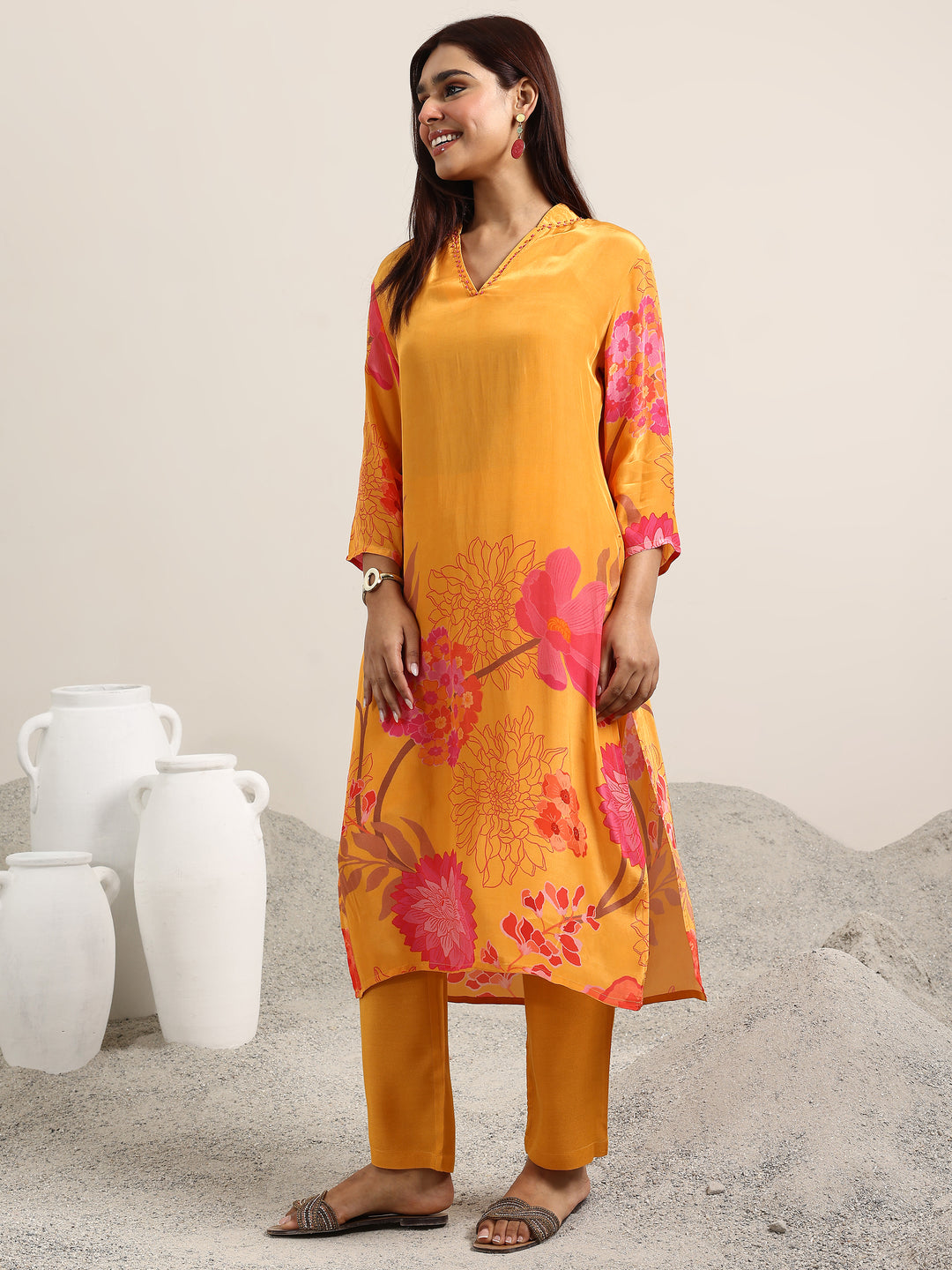 Mustard Printed Silk Blend Straight Suit With Dupatta