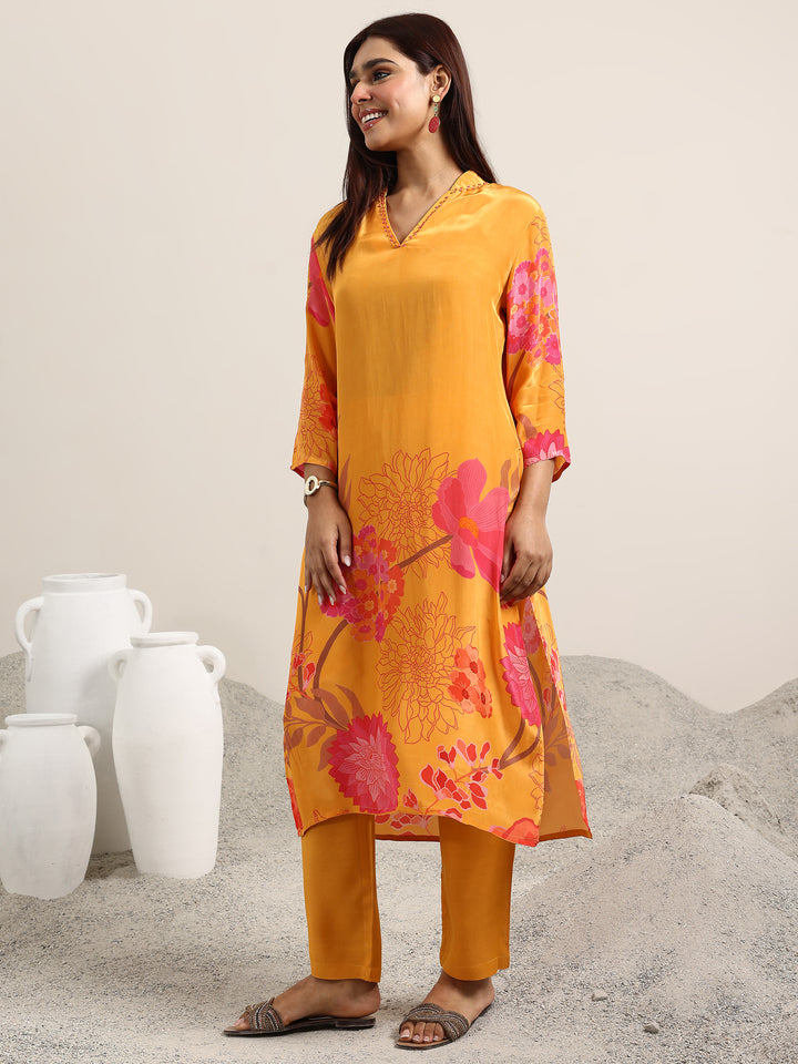 Mustard Printed Silk Blend Straight Suit With Dupatta