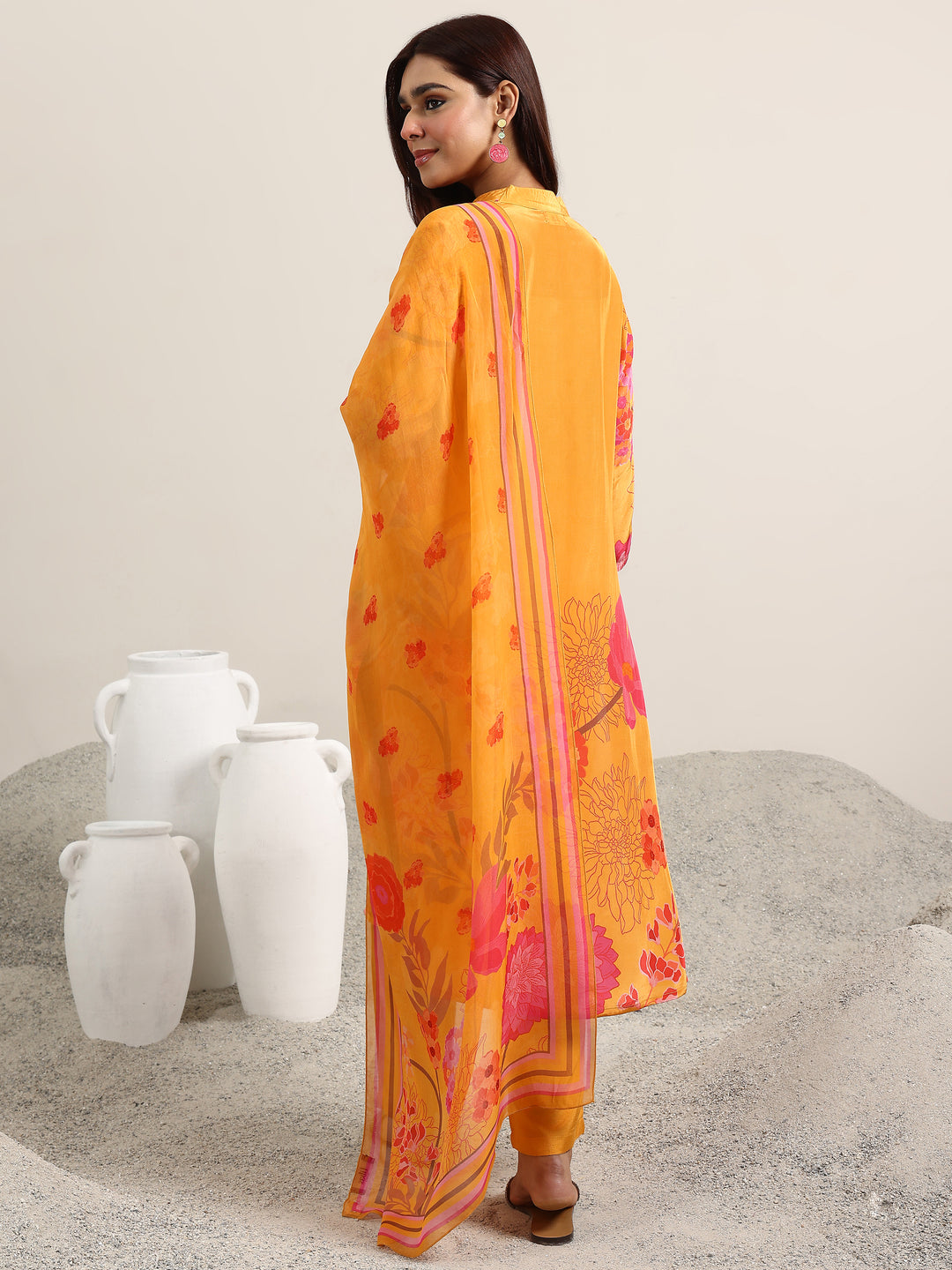 Mustard Printed Silk Blend Straight Suit With Dupatta
