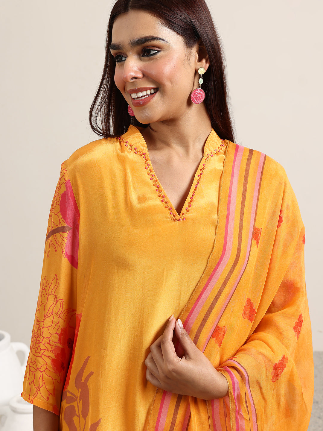Mustard Printed Silk Blend Straight Suit With Dupatta