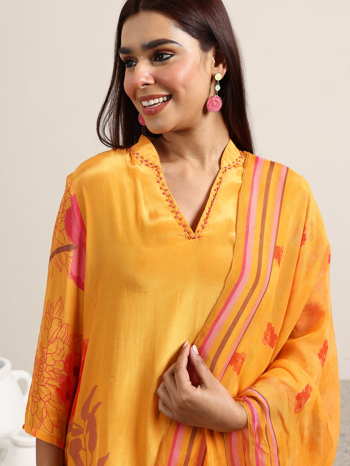 Mustard Printed Silk Blend Straight Suit With Dupatta