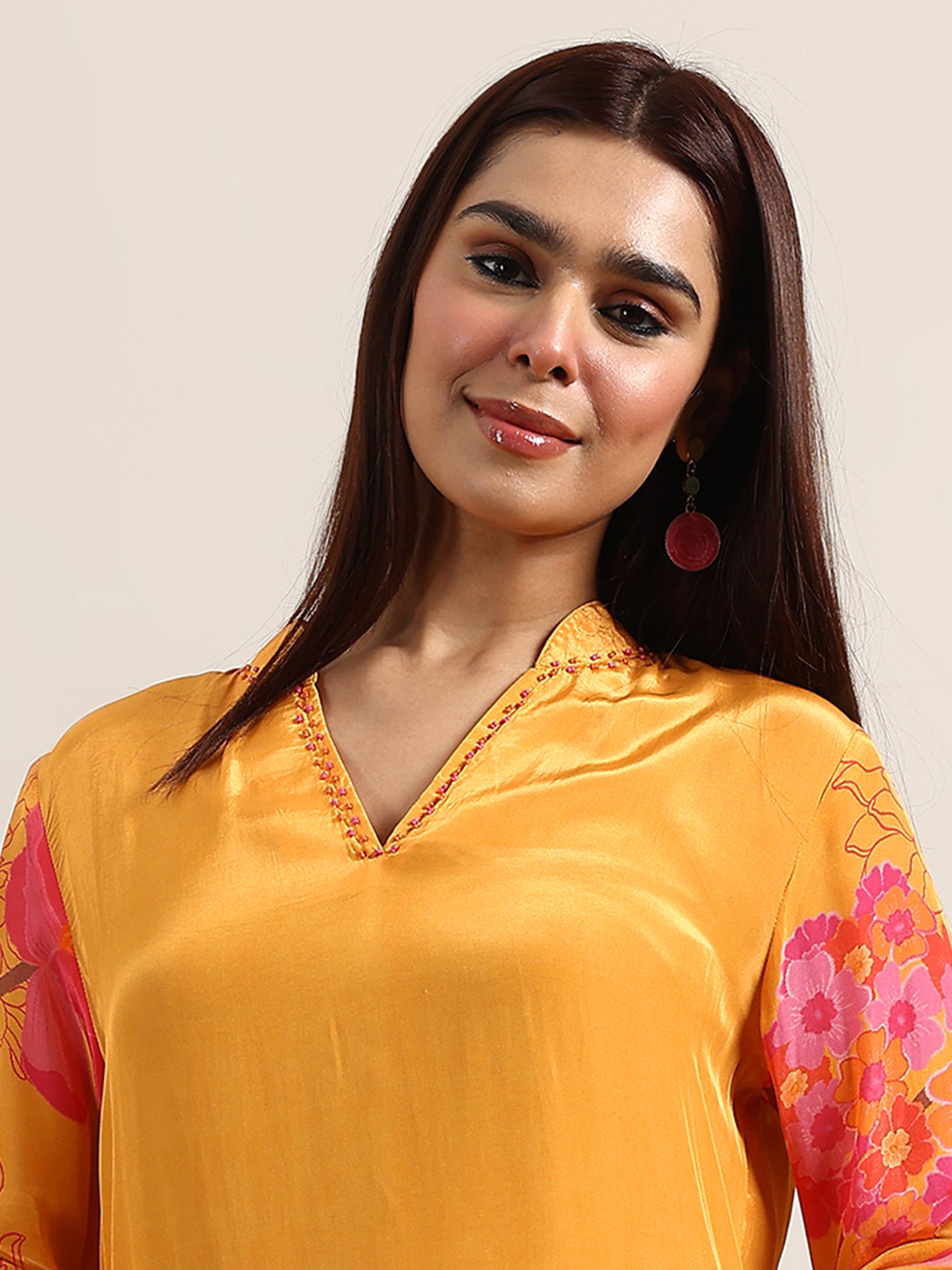 Mustard Printed Silk Blend Straight Suit With Dupatta