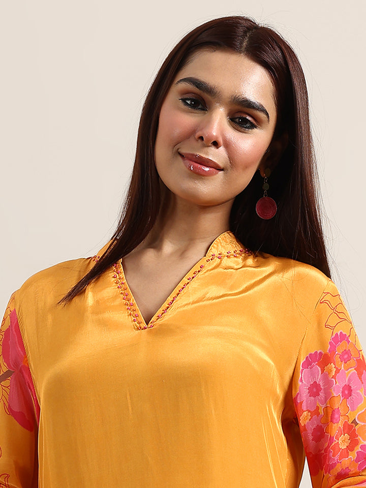 Mustard Printed Silk Blend Straight Suit With Dupatta