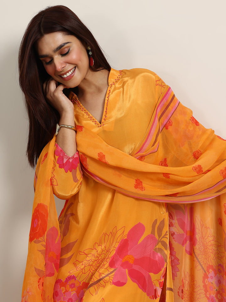 Mustard Printed Silk Blend Straight Suit With Dupatta