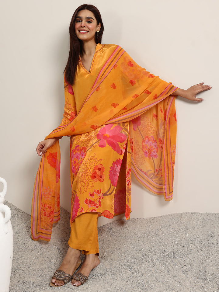 Mustard Printed Silk Blend Straight Suit With Dupatta