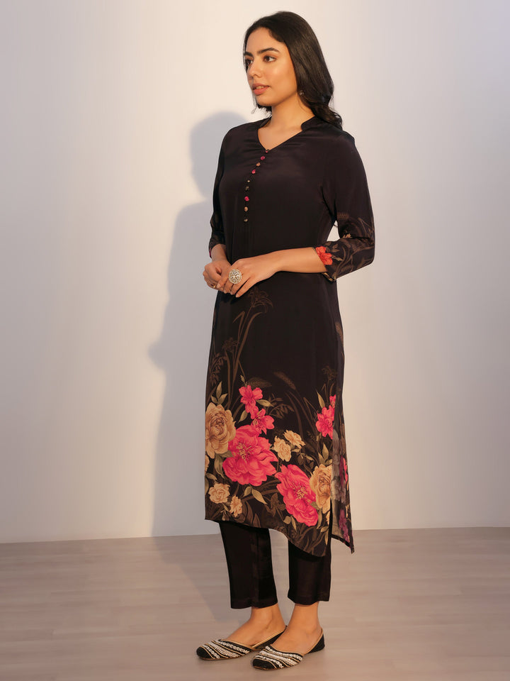 Black Printed Silk Blend Straight Suit With Dupatta