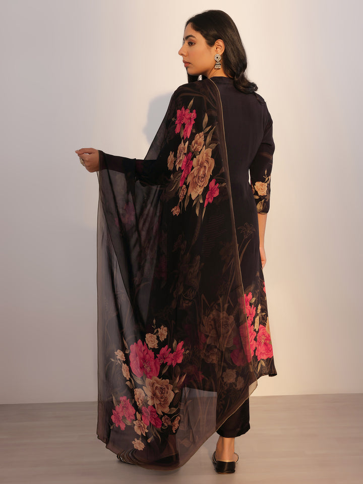 Black Printed Silk Blend Straight Suit With Dupatta